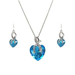 Light Blue Crystal Heart Pendant Necklace Earring Set with Clear Crystals  NEW